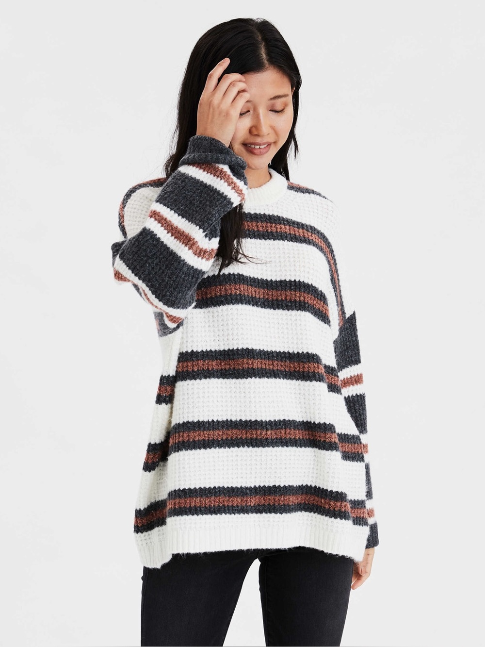 American Eagle Oversized Striped Crewneck Waffle Knit Pullover